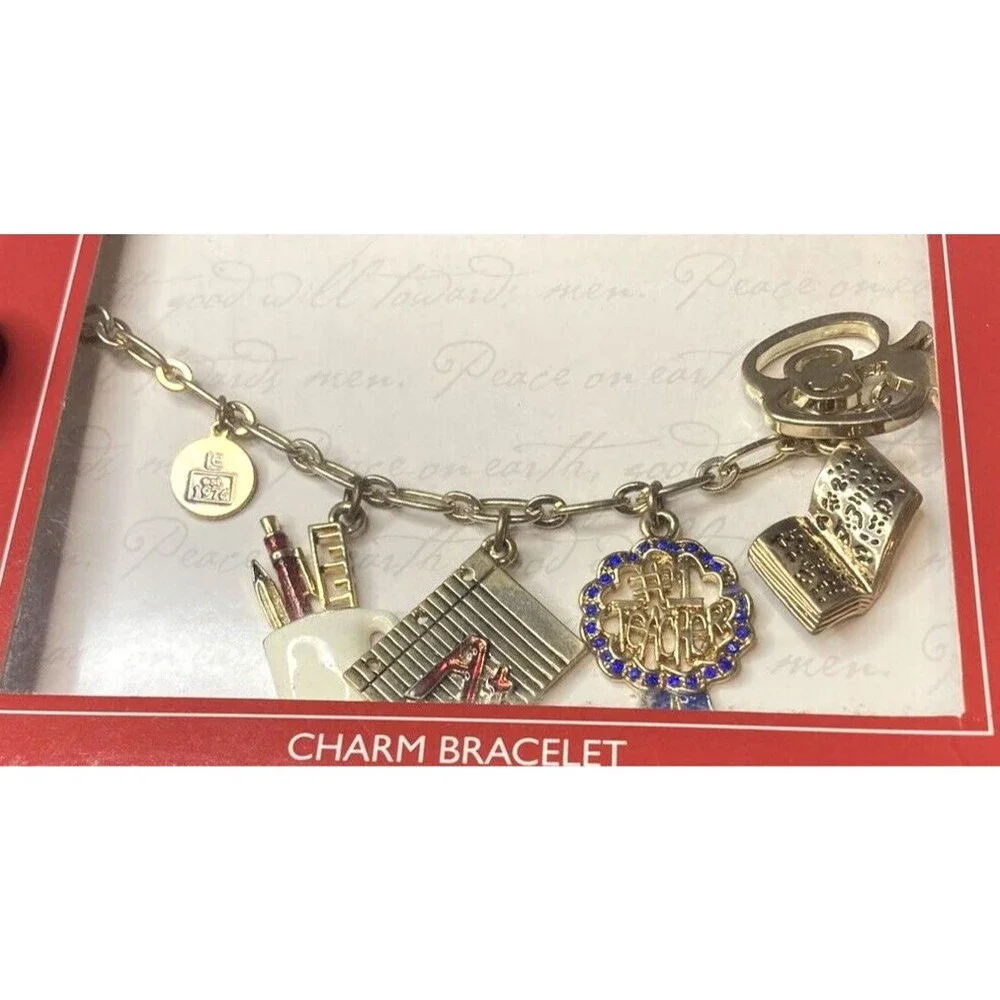 Teacher charm bracelet apple books paper cup pencils NIB Claiborne boho cute